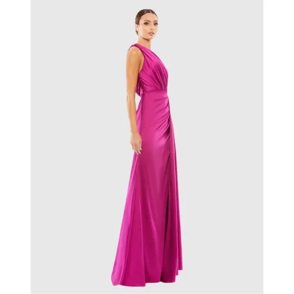 NWT Ieena for Mac Duggal One Shoulder Slit Satin Faux Wrap Maxi Gown Berry Sz 6 - Picture 5 of 13